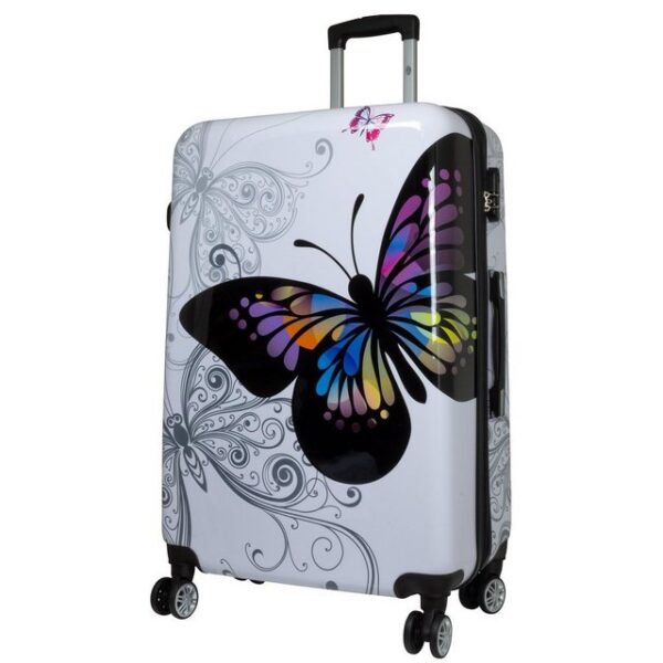 Trendyshop365 Hartschalen-Trolley Butterfly, bunter Koffer mit Schmetterlings-Motiv, 3 Größen, 4 Rollen, Zahlenschloss, Polycarbonat, Dehnfalte