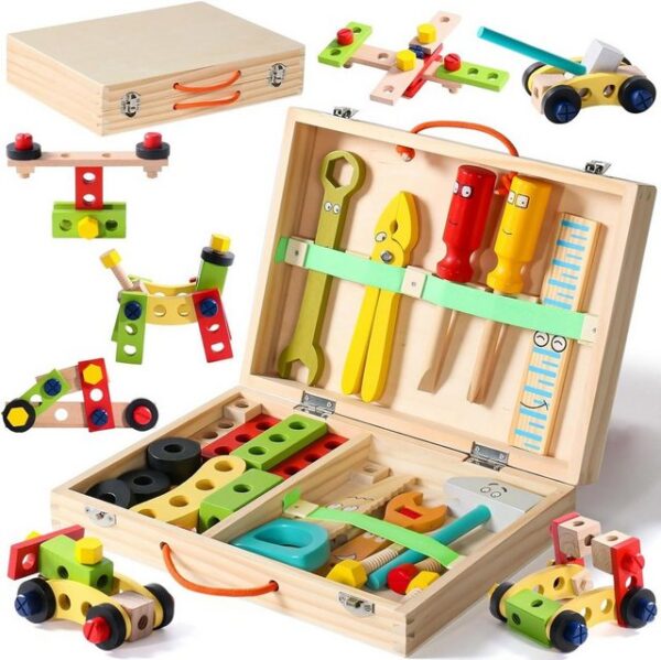 XDeer Spielwerkzeug Werkzeugkoffer Kinder,Holzspielzeug Werkbank Montessori Spielzeug, Kinderwerkzeug Lernspielzeug Werkzeug Koffer Kinder Geschenk