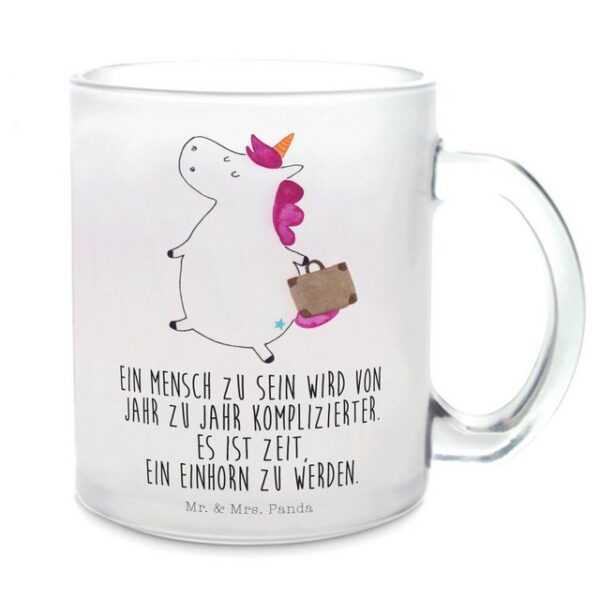 Mr. & Mrs. Panda Teeglas Einhorn Koffer - Transparent - Geschenk, Tasse mit Henkel, Glas Teeta, Premium Glas, Farbecht