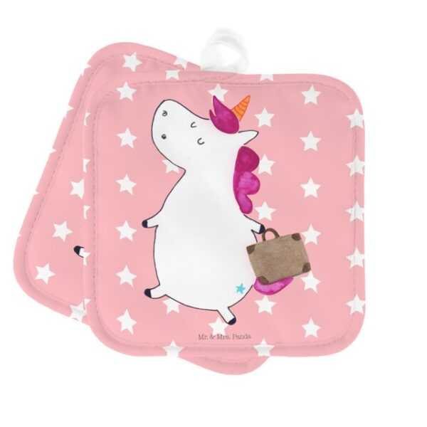 Mr. & Mrs. Panda Topflappen Einhorn Koffer - Rot Pastell - Geschenk, Unicorn, Topflappen mit Spru, (1-tlg), Farbecht