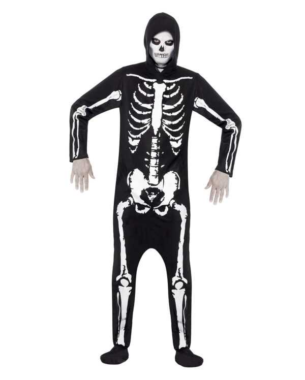 Skeleton Kostüm mit Kapuze Schwarzer Jumpsuit mit Skelett Motiv L