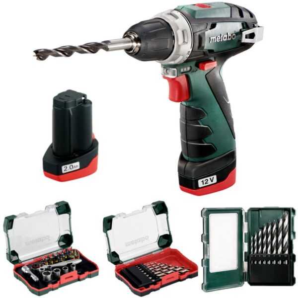 Akku-Bohrschrauber-Set PowerMaxx bs mit 2x 2,0 Ah + Ladegerät im Koffer + Bitset + Metallbohrer + Holzbohrer - Metabo