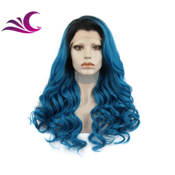 Celebrity dark root ombre blue colorful wig heat resistant fiber synthetic lace front wig suit for cosplay drag queen