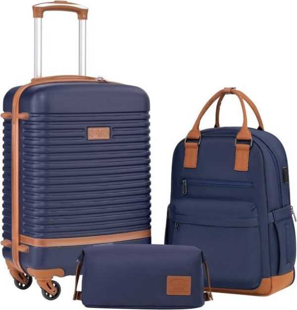 Coolife Kofferset Reisekoffer von ABS Hartschalen Trolley 4 Rollen TSA-Schloss, 4 Rollen, Der Koffer Enthält 1 Reiserucksack &1 Kulturbeutel Handgepäck-Set 3tlg