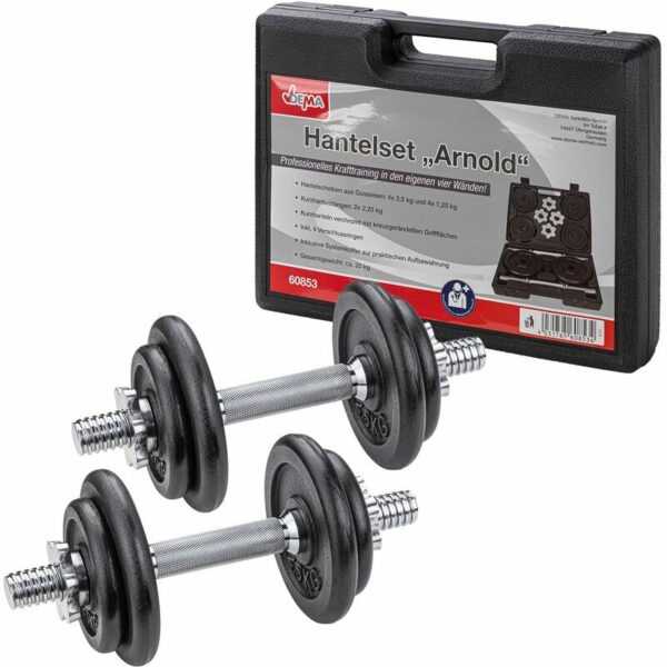 Dema - Hantelset, Hantelsatz Gusseisen, 2x 10 kg = 20 kg, im Koffer 4 Scheiben Home Gym