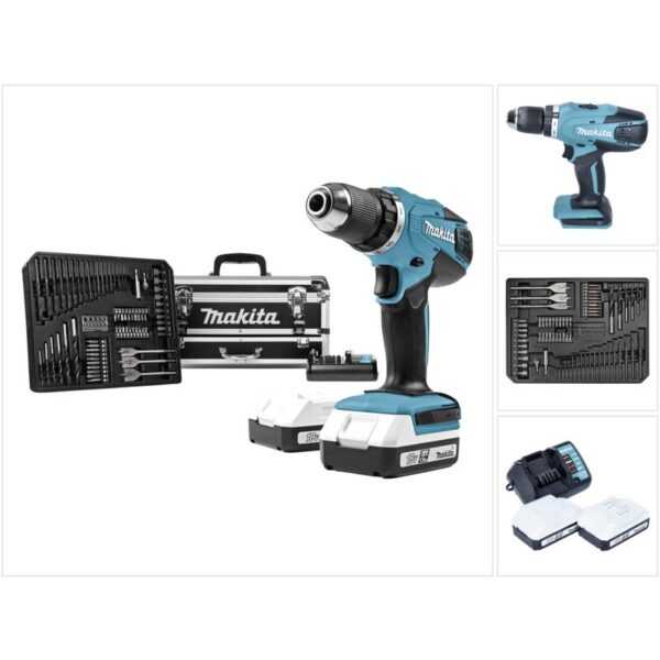 Df 457 DWEX2 Akku Bohrschrauber 18 v 42 Nm G-Serie + 2x Akku 1,5 Ah + Ladegerät + 70 tlg. Zubehör Set + Koffer - Makita