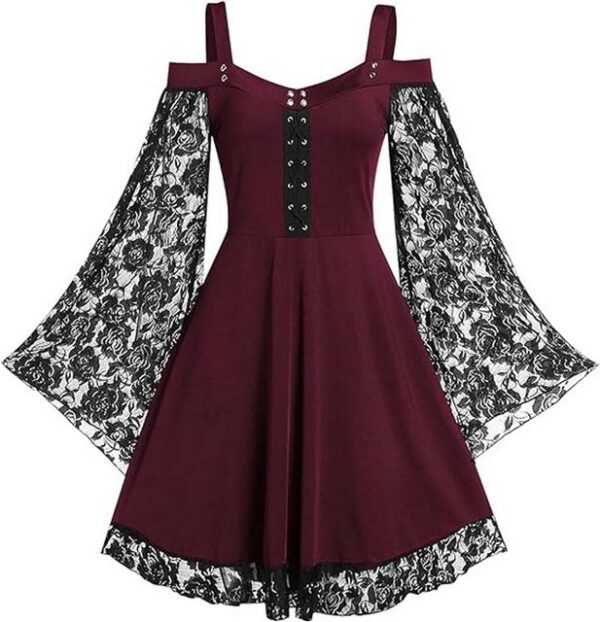 FIDDY A-Linien-Rock Gothic Kleid Damen Gotisches Spitzenkleid Trompetenärmel Patchwork