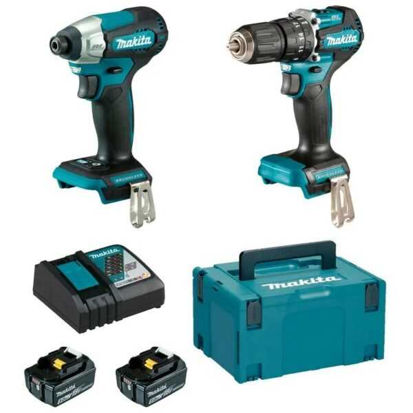 Makita - Packung mit 2 18-V-Li-Ion-Brushless-Werkzeugen: Bohrmaschine DHP487, Schlagschrauber DTD157, 2 5-Ah-Akkus, Ladegerät und Koffer - DLX2414TJ