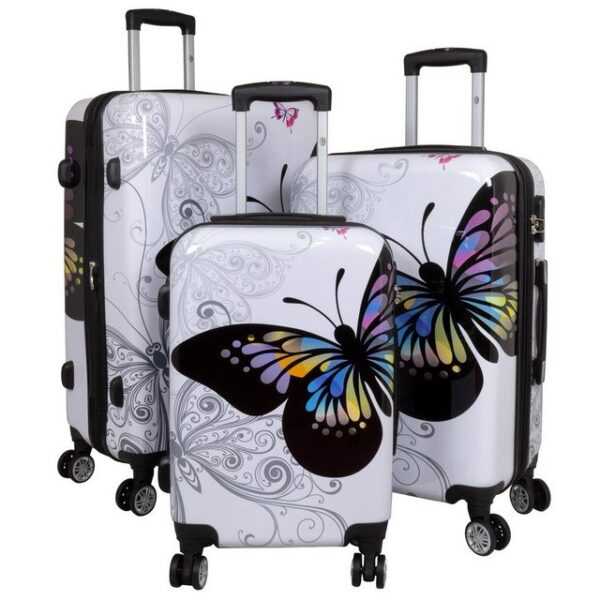 Trendyshop365 Hartschalen-Trolley Butterfly, bunter Koffer mit Schmetterlings-Motiv, 3 Größen, 4 Rollen, Zahlenschloss, Polycarbonat, Dehnfalte