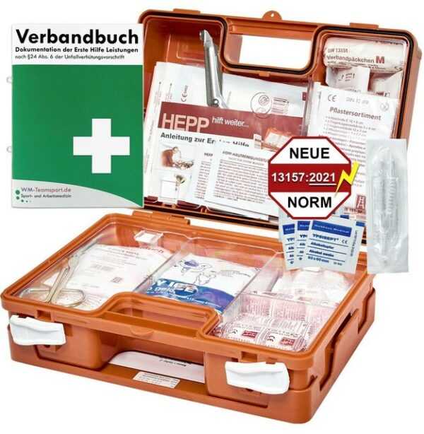 WM-Teamsport Erste-Hilfe-Koffer Verbandskasten NEUE DIN 13157 für BETRIEBE +DIN 13164 KFZ +Verbandbuch, (Haltbarkeit der Sterilteile ca. 5 Jahre), Schneller Versand incl. Rechnung mit ausgew. MWSt.