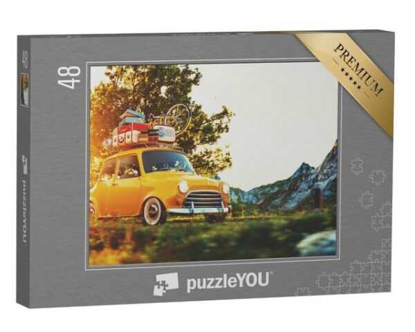 puzzleYOU Puzzle Retro-Auto mit Koffern und Fahrrad, 48 Puzzleteile, puzzleYOU-Kollektionen Autos