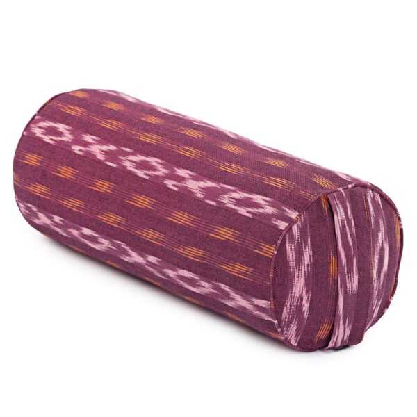 Ethno Collection: Yoga-Bolster (rund), Ikat-Webstoff, weinrot gem., Dinkelhülsen