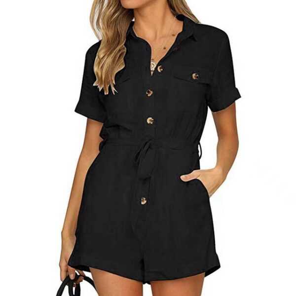 FIDDY Jumpsuit Damen Sommer Taschen Gürtel Strampler Knopf Kurzarm Jumpsuit Playsuit