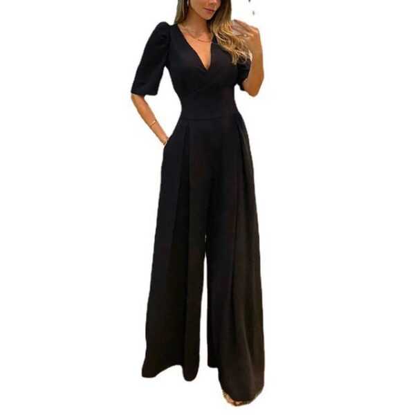 KIKI Jumpsuit Puffärmel-Jumpsuit mit hohem Bund und V-Ausschnitt Jumpsuit