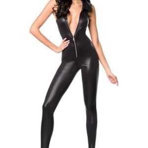 Saresia Jumpsuit Jersey-Overall Wetlook-Jumpsuit mit Kapuze in schwarz, Made in EU