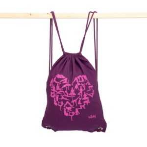 Turnbeutel GymBag Yoga Heart, lila mit Print fuchsia, 100% Baumwolle