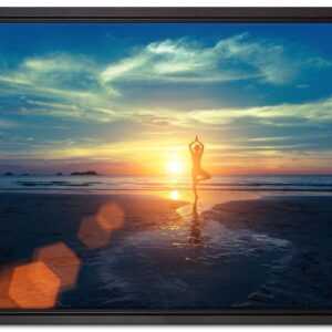 Yoga Silhouette am Strand, Leinwandbild mit Bilderrahmen