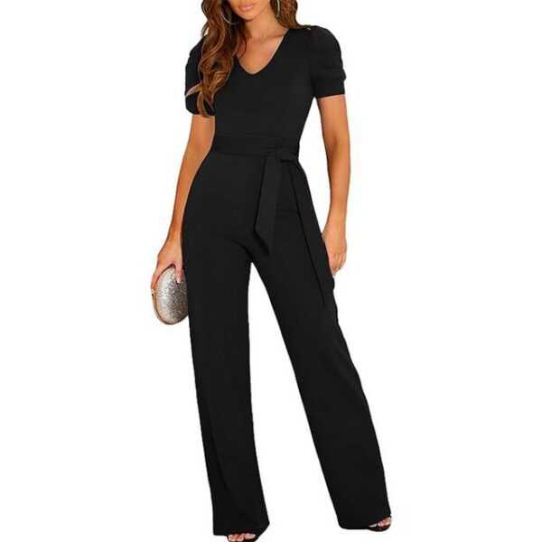 ZWY Jumpsuit Jumpsuit Damen Elegant Kurzarm Lang Overall Hosenanzug V-Ausschnitt (1-tlg)