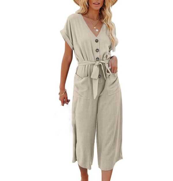 AFAZ New Trading UG Jumpsuit Lockerer Damen-Jumpsuit mit V-Ausschnitt und Schnürung und weitem Bein