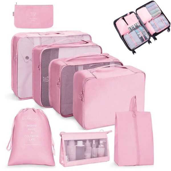 AKKEE Kofferorganizer Packwürfel für Koffer Organizer Packing Cubes Packwürfel Packtaschen (Rosa, 9-tlg., mit ReiBverschluss), für Camping und Outdoor-Sportarten.