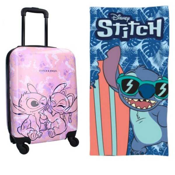 Disney Hartschalen-Trolley Disney Stitch Angel Set Trolley Koffer Reisekoffer plus Strandtuch, 4 Rollen