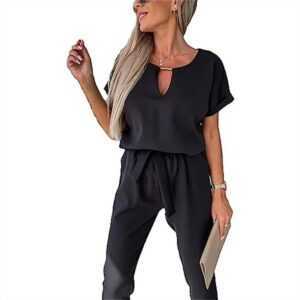 RUZU UG Jumpsuit Damen-Jumpsuits, V-Ausschnitt, langes, weites Bein, Gürtel-Jumpsuit