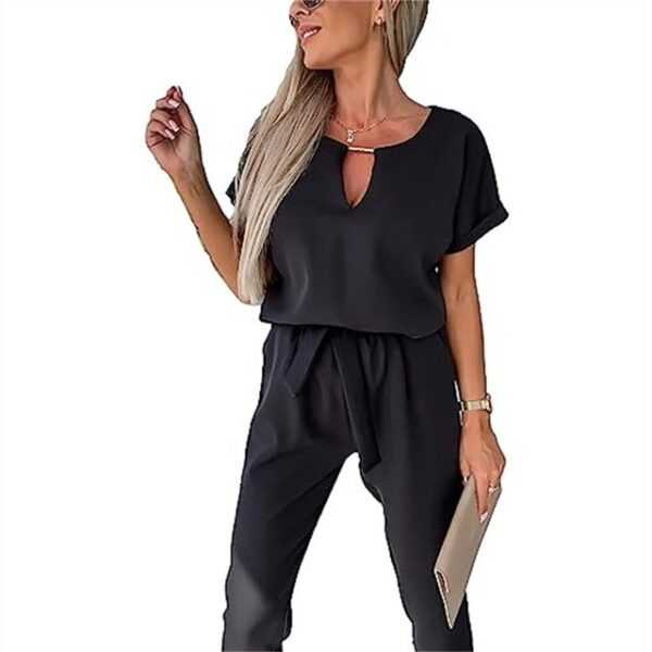 RUZU UG Jumpsuit Damen-Jumpsuits, V-Ausschnitt, langes, weites Bein, Gürtel-Jumpsuit