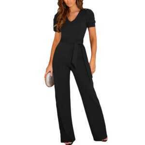 RUZU UG Jumpsuit Jumpsuit Damen Elegant Kurzarm Lang Overall Hosenanzug V-Ausschnitt Casual Lose Playsuit Romper