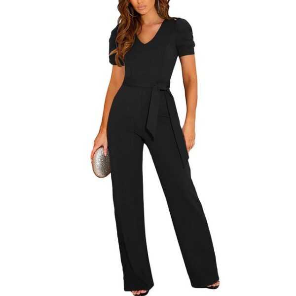 RUZU UG Jumpsuit Jumpsuit Damen Elegant Kurzarm Lang Overall Hosenanzug V-Ausschnitt Casual Lose Playsuit Romper