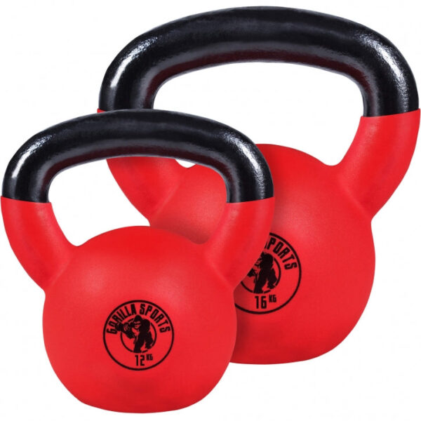 Gorilla Sports | Kettlebell Guss mit Gummibeschichtung 2-32 kg Set - 12 kg + 16 kg