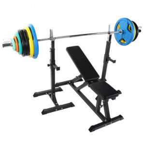 Gorilla Sports | Hantelbank mit Olympia Langhantel Set Gummi Gripper 150 kg