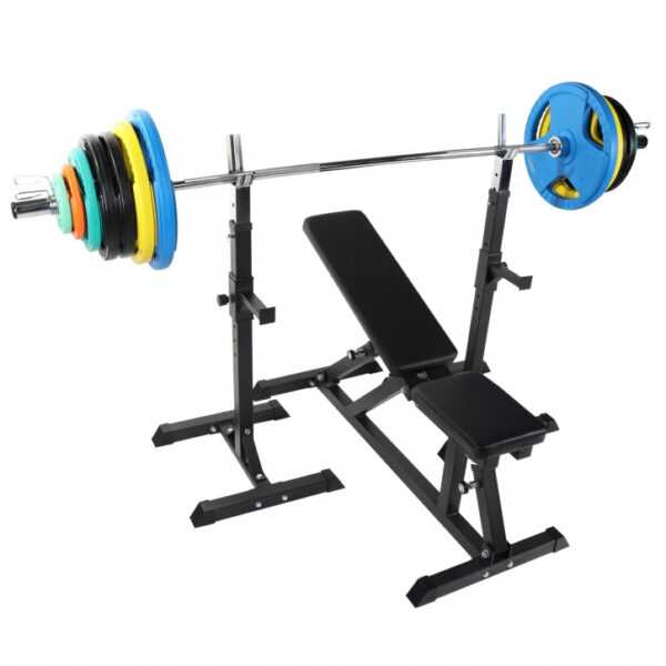 Gorilla Sports | Hantelbank mit Olympia Langhantel Set Gummi Gripper 150 kg